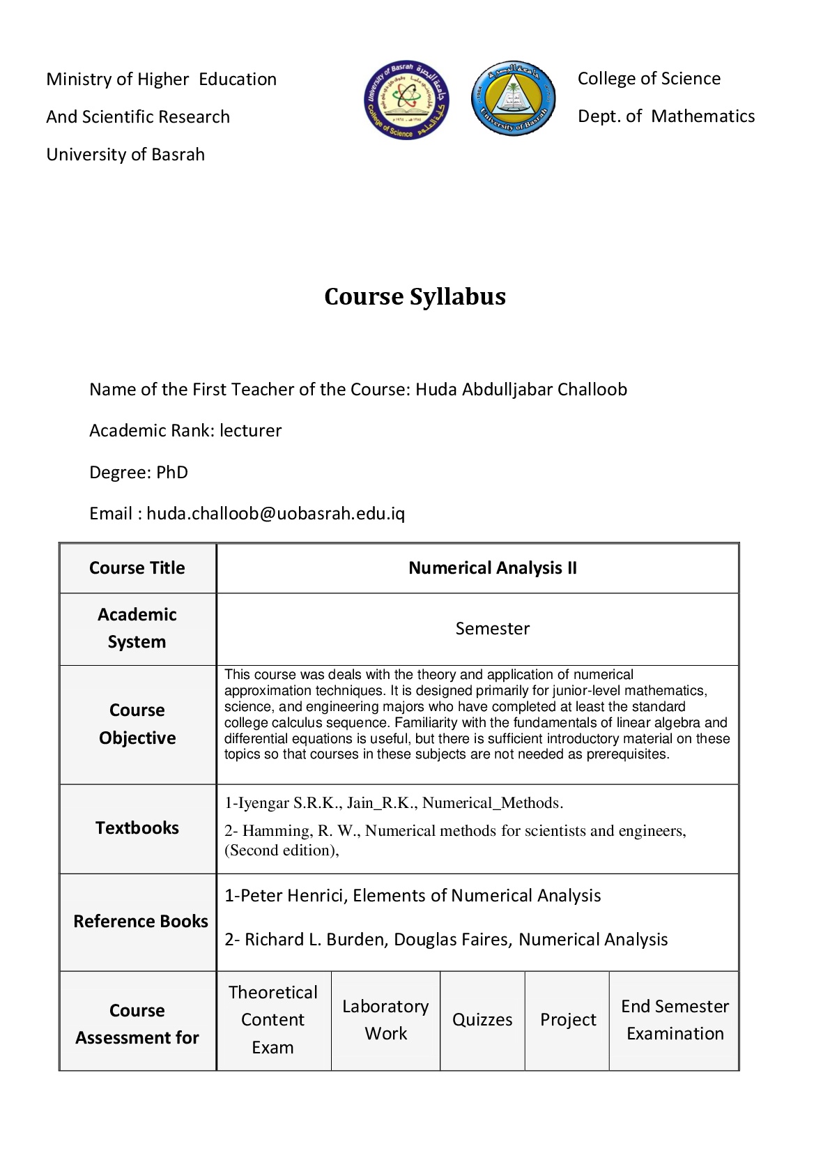 Course Syllabus Math 441 001