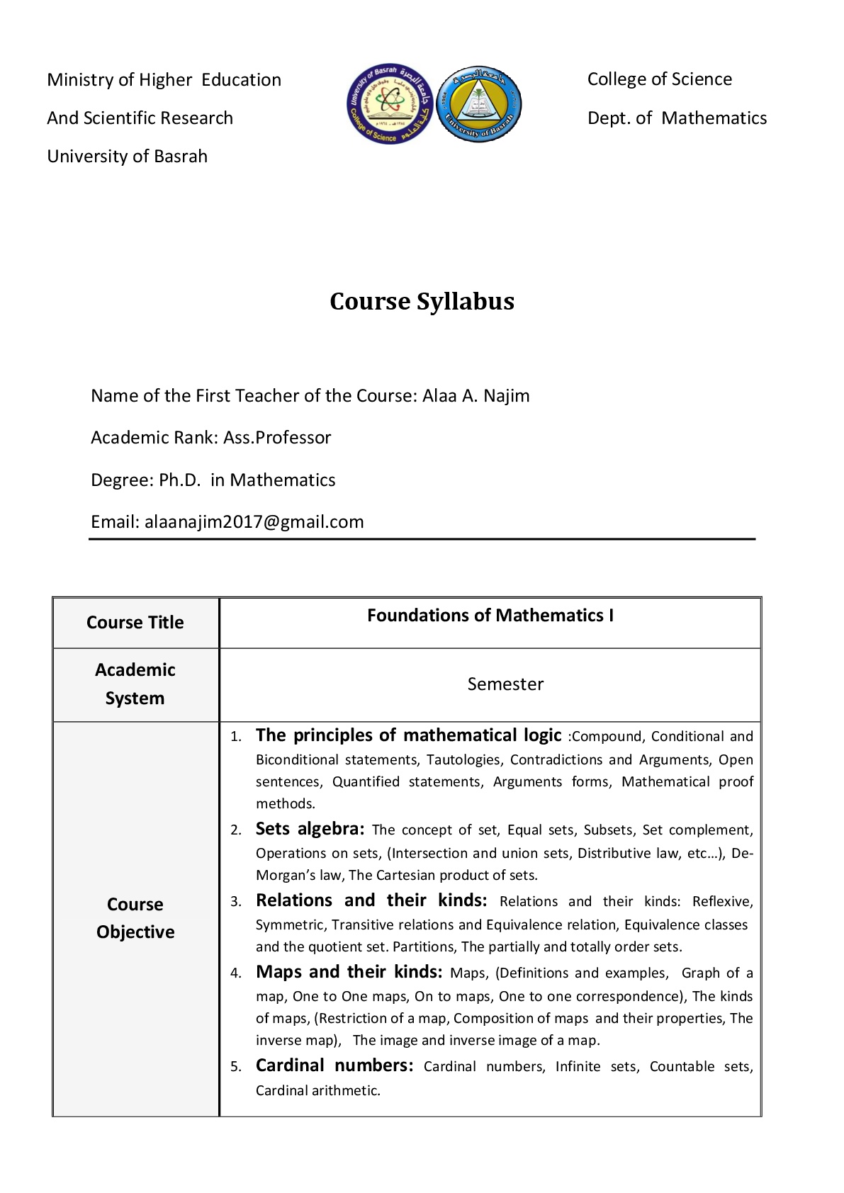 Course Syllabus Math 103 001